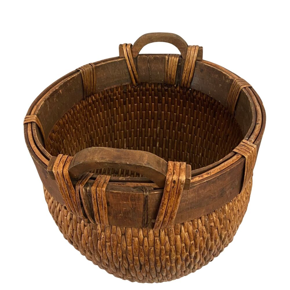 Chinese Woven Willow Rice Basket w/ 2 Wood Hand Carved Handles 19th Century - Picture 2 of 11